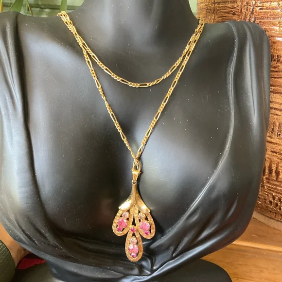 Women's Vintage Gold Tone & Pink Rhinestone Double Pendant Necklace - Picture 1 of 4